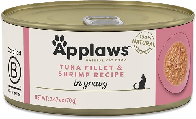 Applaws Natural Wet Cat Food in Gravy, Limited Ingredient Canned Wet Cat Food, No Additives, Made with Natural Ingredients, Tuna Fillet & Shrimp in Gravy (24 x 2.47oz Cans)