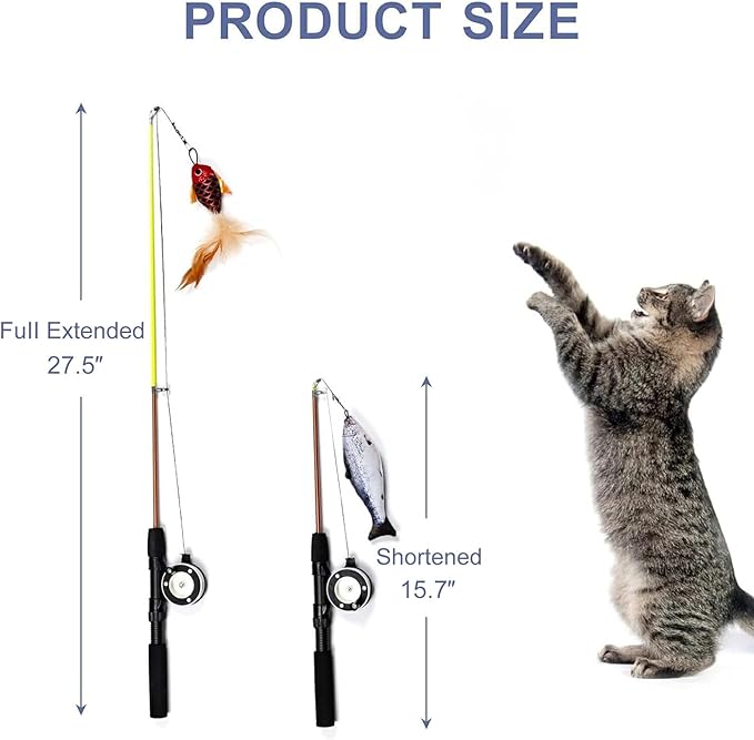 SILVERVINE Magic Cat Toy Wand with Fish – Interactive Cat Toys for Indoor Cats, Kittens & Bored Adults | Adjustable Fishing Pole Teaser with Feathers（Random Selection of 1 Out of 2）