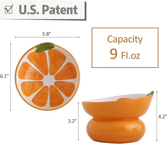 Ceramic Raised/Elevated Cat Food Bowl for Indoor Cats, Anti Vomiting & Protect Pet's Spine, Cute Fruit Themed Tilted Cat Dish for Flat Faced Cats and Kitten (Orange Shaped)