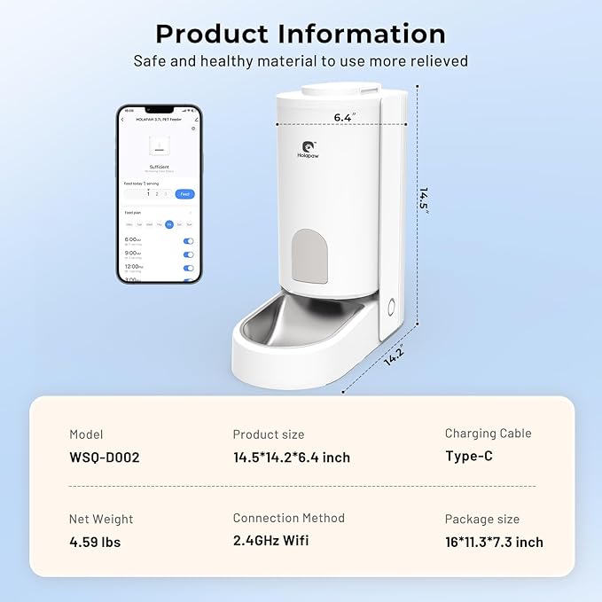 Automatic Cat Feeder - 2.4G WiFi Cat Food Dispenser, 3.7L Timed Pet Feeder with APP Control for Remote Feeding, 1-10 Meals per Day for Small Dog Kitten Indoor, Detachable for Cleaning