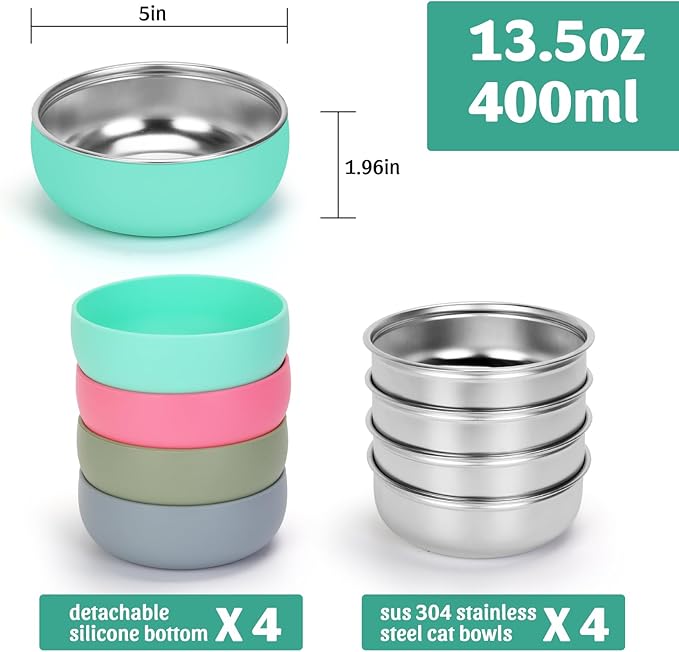 Kitten Bowls 4 Pcs, Stainless Steel Cats Bowls with Rubber Bottom, 5 “ Wide and Shallow Cat Food Dishes Whisker Friendly, Heavy Duty & Anti-Slip Small Pet Bowls for Indoor Cats