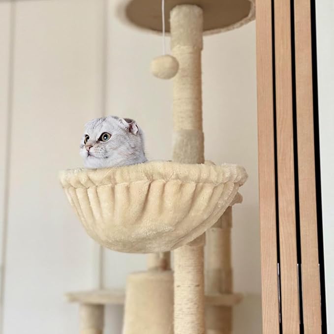 Beige Cat Hammock, Extra Large (12.4"), Cozy Hammock with Deep Basket, Attachment Design for Cat Tower