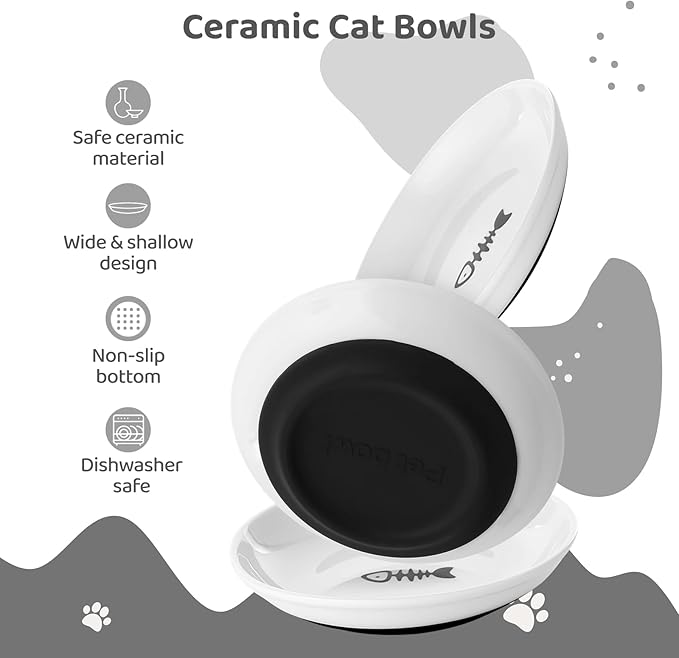 Dorakitten Ceramic Cat Bowls 6 Pack, No Whisker Fatigue Wide Shallow Cat Dishes with Non-Slip Silicone Bottom, Pet Food & Water Plates, 15cm Diameter