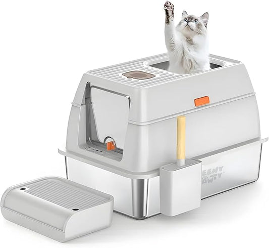 XL Stainless Steel Cat Litter Box with Enclosure and Pooper Scooper - Durable Black Metal Litter Box for Big Cats, High Sides for Anti-Leakage, Never Absorbs Odors, Non-Sticky - (60x40cm) (White)