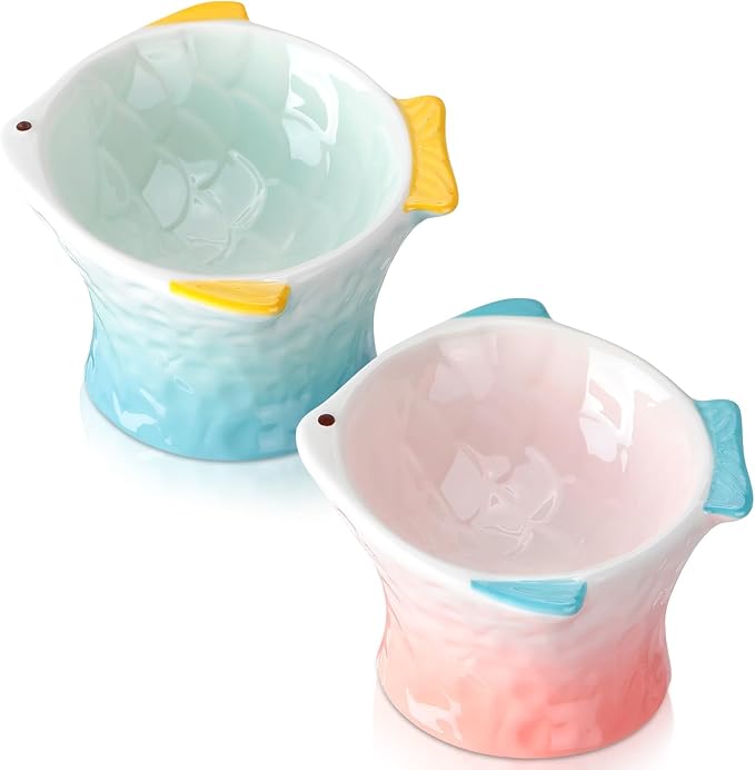 Tioncy 2 Pcs Raised Tilted Ceramic Cat Food Bowl Fish Shape Cute Elevated Slanted Shallow Angled Cat Dish Non Slip Feeder Bowl for Anti-Vomiting and Whisker Fatigue(Green, Pink)