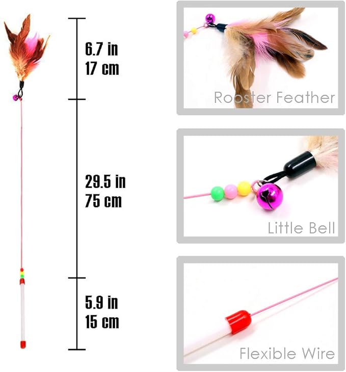 MAIYU Cat Feather Wand Toy - 3 Pack Steel Wire Feather Interactive Cat Stick Training - Beads Bells Kitten Wand Toys Pet Teaser
