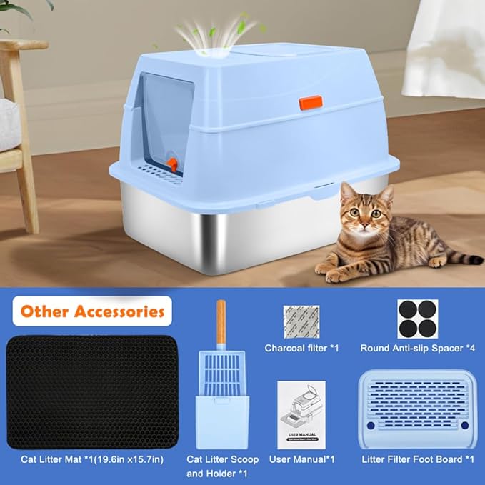 Vivifying Stainless Steel Litter Box with Lid, XL Front Entry Enclosed Extra Large Litter Box for Big Cats & Kitty, Top Exit Metal Cat Pan with Scoop, Mat, Step, Charcoal Filter (Blue)