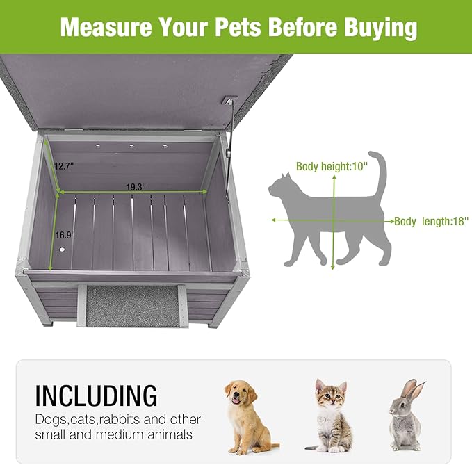 Outdoor Feral Cat House Weatherproof, Small Wooden Rabbit Hutch Bunny Cage Indoor-PVC Door Flaps