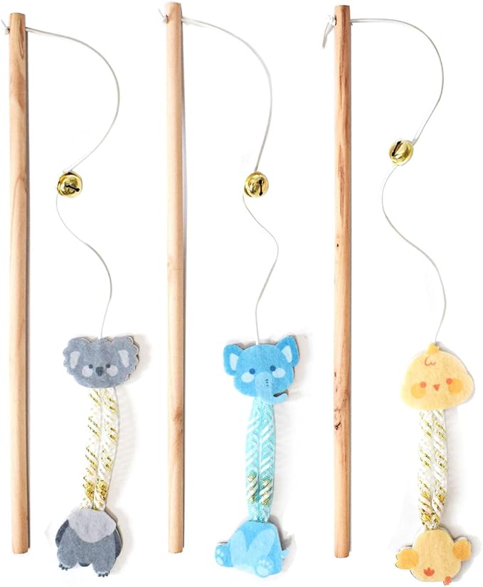 Cat Wand Toy, 3 PCS Natural Wooden Handle Teaser Wand Cute Interactive Kitten Wand Fun Kitty Toy, Unbreakable Kitten Stick for Indoor Cats