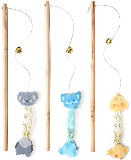 Cat Wand Toy, 3 PCS Natural Wooden Handle Teaser Wand Cute Interactive Kitten Wand Fun Kitty Toy, Unbreakable Kitten Stick for Indoor Cats
