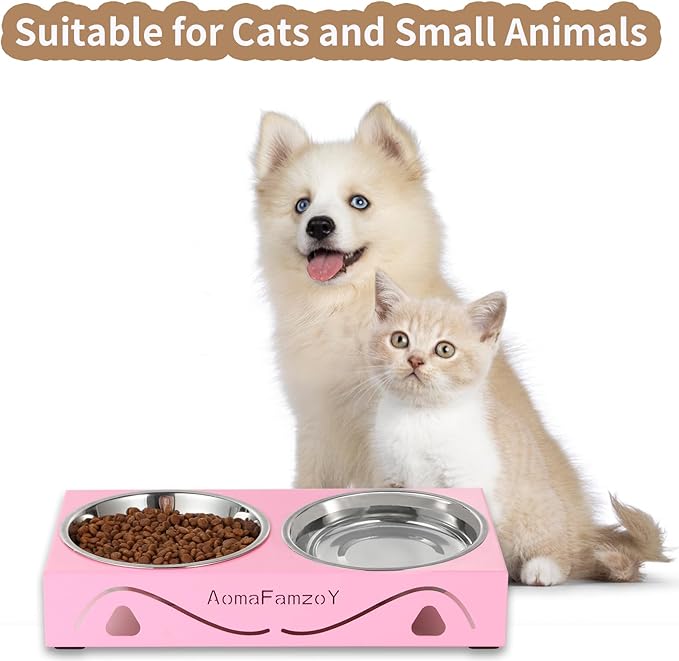 2 Pack Cat Food Bowls - Indoor Set with Metal Stand,5° Tilted Anti Vomiting Wide Raised Pet Dish, Cute Elevated Cat Feeding Station for Food Water, 4 Stainless Steel Bowls for Kitten, Puppy,Pink