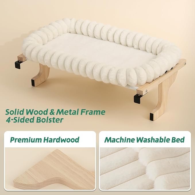 SnugCloud Cat Window Perch with 4-Sided Bolster - Orthopedic Cat Hammock for Window Sill - Solid Hardwood & Metal Frame - Window Seat for Pets (Natural Color Wood w/White Bed, Large)
