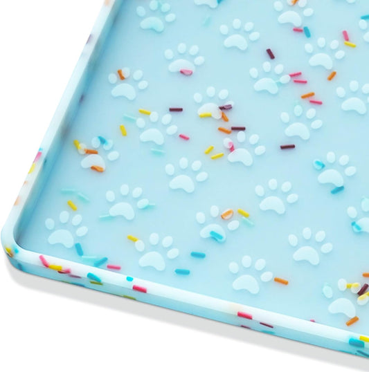 Ptlom Dog Food Mat Anti-Slip Dog Bowl Mats for Food and Water, Waterproof Pet Placemat Prevents Messy Spill to Floor, Silicone Puppy Feeding Tray for Small, Medium and Large Dogs Cats, Blue