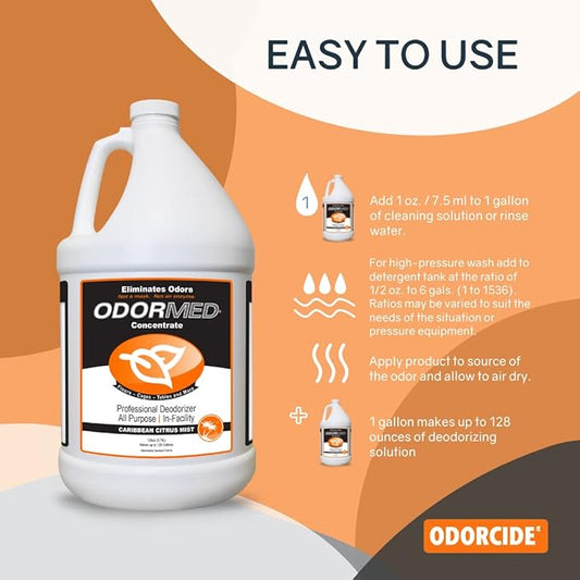ODORMED Odor Eliminator Concentrate – Pet Odor Eliminator for Strong Odor on Floors, Walls, Cages & More – All-Purpose Carpet Deodorizer w/Safe, Non-Enzymatic Formula (1 Gal, Caribbean Citrus Mist)
