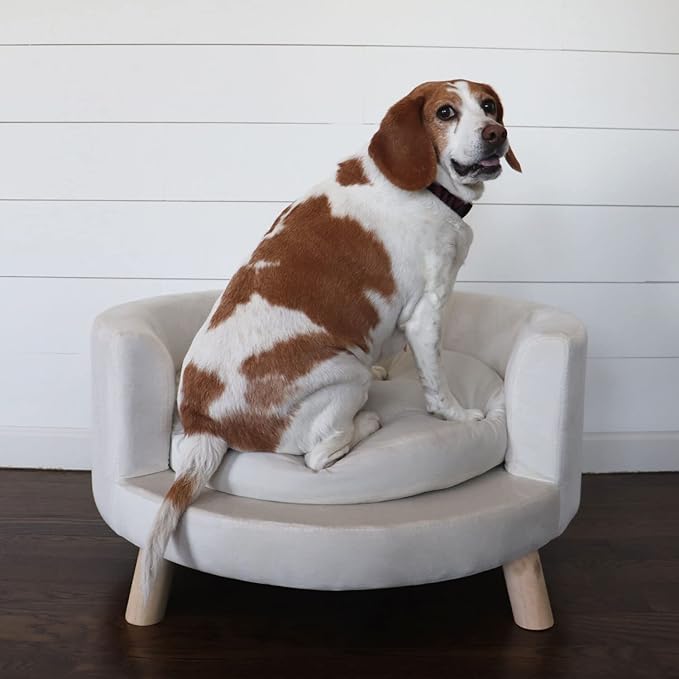 Critter Sitters 28-In. Elegant Circular Dog & Cat Sofa, Modern Elevated Pet Bed in Faux-Velvet White, Comfortable for Small to Medium-Sized Pets