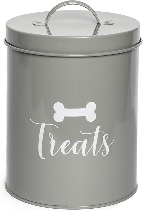 Park Life Designs - Metal Pet Treat Jar with Airtight Lid for Dogs, Cats, Puppies and More, Chic Kitchen Countertop Container for Cookies, Biscuits and Treats (Jasper, Grey, 1.4 Qt)