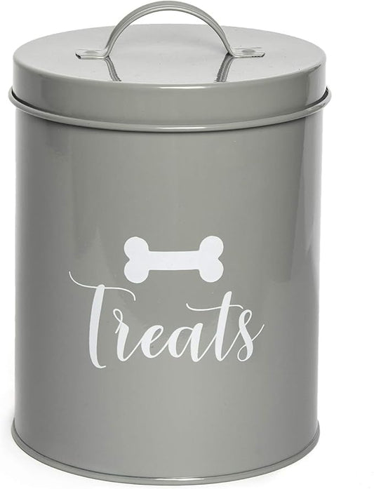 Park Life Designs - Metal Pet Treat Jar with Airtight Lid for Dogs, Cats, Puppies and More, Chic Kitchen Countertop Container for Cookies, Biscuits and Treats (Jasper, Grey, 1.4 Qt)