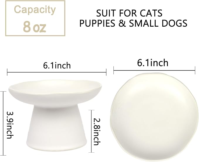 Extra Wide 6.1" Raised Cat Food Bowl, Shallow Ceramic Elevated Cat Feeder, Anti Vomiting, Stress Free, Whisker Fatigue, Pet Food or Water Bowl, White