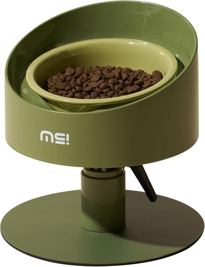 MS!MAKE SURE Adjustable Raised Cat Bowls, Ceramic Elevated Cat Bowls, Pet Bowl with Anti - Slip Rubber Pad, Leak - Proof, Lead & Cadmium Free, Whisker - Friendly, for All Life Stages of AgeGreen