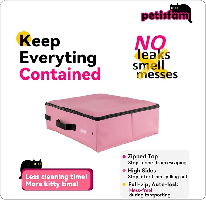 Smell-Contained Portable Cat Travel Litter Box with Zipped Lid to Keep Odor and Litter Contained. Lightweight to Carry to Anywhere (Pink, Medium)