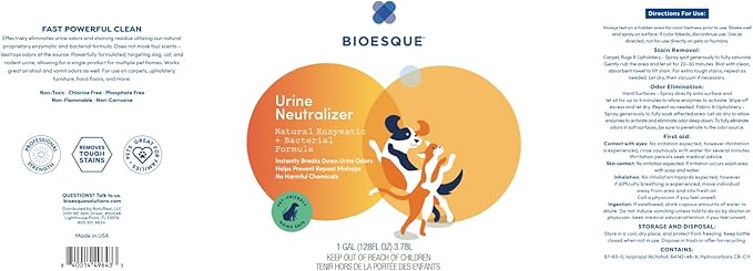 Bioesque Urine Neutralizer, Pet-Friendly Natural Enzymatic & Bacterial Formula, Instantly Breaks Down Urine Odors, Helps Prevent Repeat Mishaps, 1 Gallon (Pack of 1)