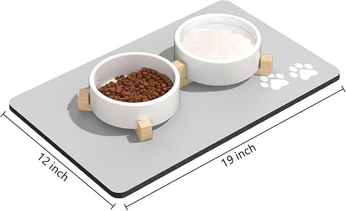 Rnivvi Dog Food Mat, 12" x 19" Footprint Absorbent Dog Cat Bowl Mat for Food and Water, Cute Anti-Slip Rubber Pet Feeding Rug Protect Floors, Puppy Placemat for Feeding & Watering Supplies, Gray