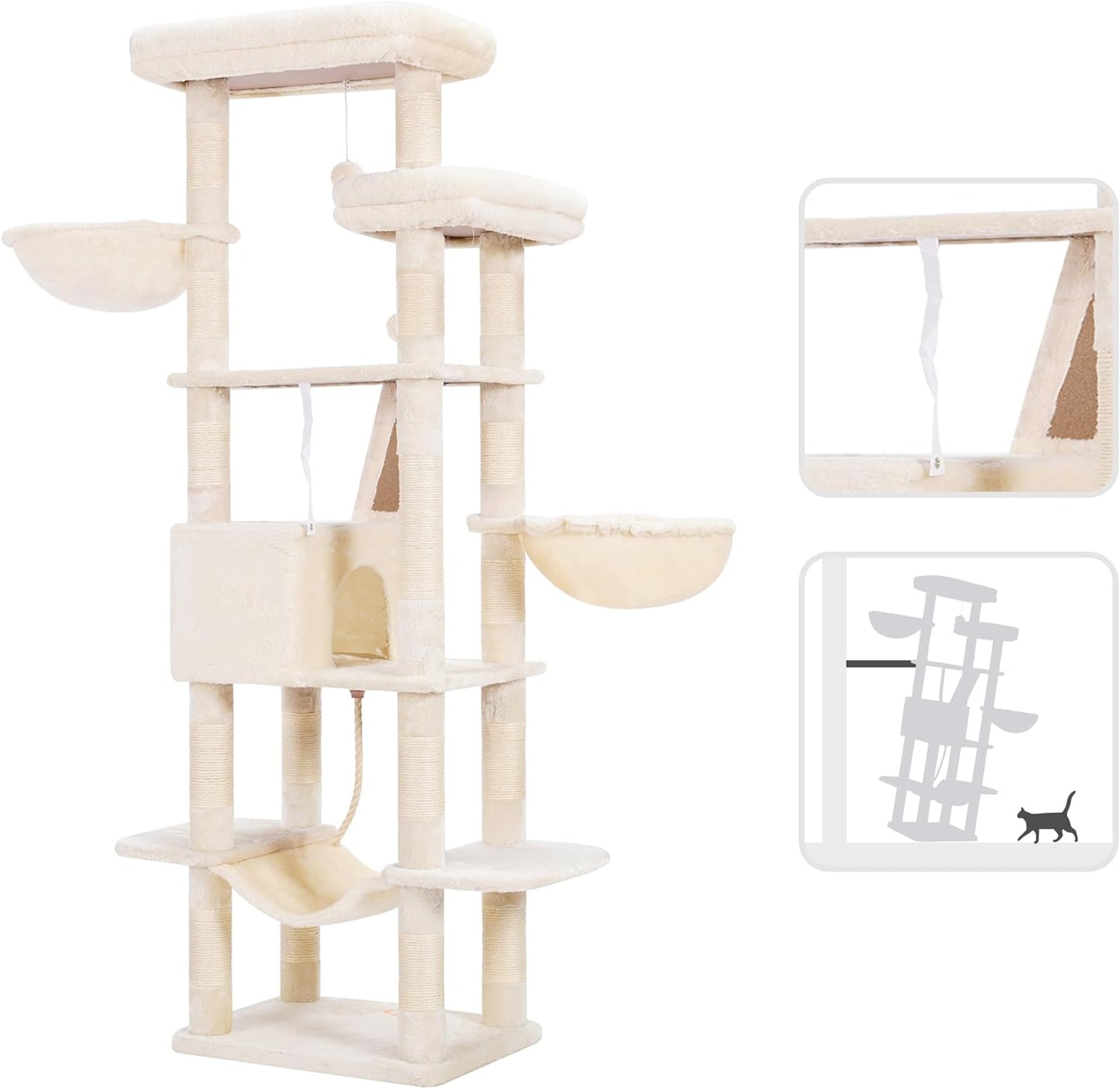 Heybly Cat Tree, 68 inch Multi-Level Cat Tower for Indoor Cats, 2 Widened Plush Perches Cat Condo with Scratching Board and Big Caves, Beige HCT025M