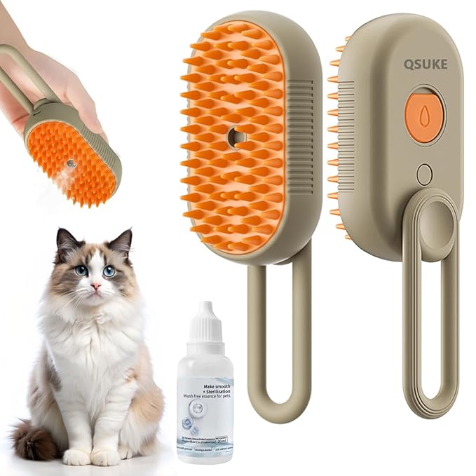 3 in 1 Cat Steam Brush, Pet Steam Cats Brushes Rechargeable Anti-Static Grooming Brushe, Vibration Massage Cleaning Shedding & Combing Multifunctional Hair Removal Comb for Cats Dog (Khaki)
