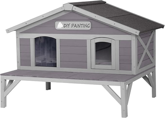 GUTINNEEN Outdoor Cat House for Winter Weatherproof Feral Cat Shelter with Large Porch Balcony Escape Doors