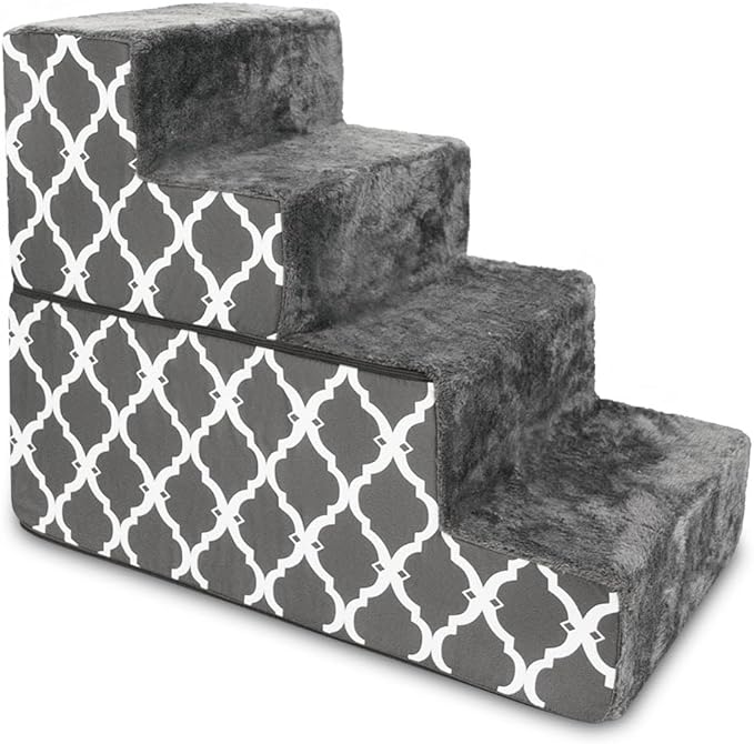 Best Pet Supplies Dog Stairs & Steps - Foam Steps for Small Dogs & Cats, Non-Slip Indoor Balanced Pet Step Support, Dog Ramp, No Assembly, Gray Lattice Print, Foldable 4-Step (22-inch Height)