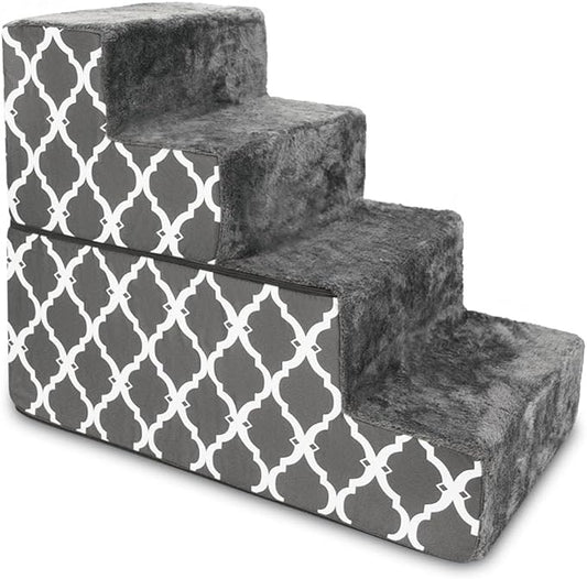 Best Pet Supplies Dog Stairs & Steps - Foam Steps for Small Dogs & Cats, Non-Slip Indoor Balanced Pet Step Support, Dog Ramp, No Assembly, Gray Lattice Print, Foldable 4-Step (22-inch Height)