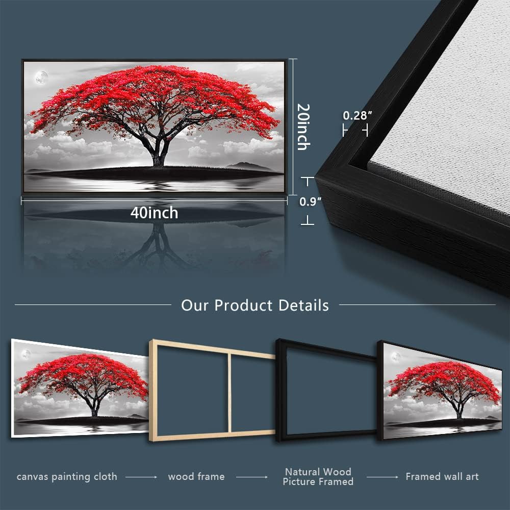 Framed Canvas Wall Art For Living Room Bathroom Wall Decor Black And White Landscape Red Tree Moon Scenery Hang Painting Home Decorations For Office Bedroom Kitchen Works Canvas Prints Pictures