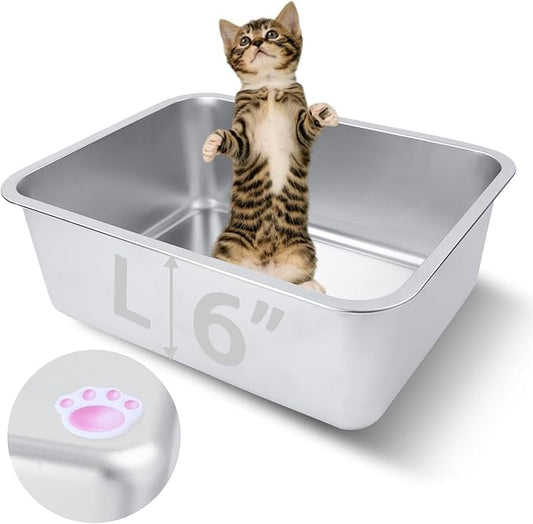 Stainless Steel Cat Litter Box for Adult Cats or Kitty/Kitten 18"x14"x6" Rust-Proof, High Side, Non Stick, No Smell, Easy to Clean Metal Cat Litter Box