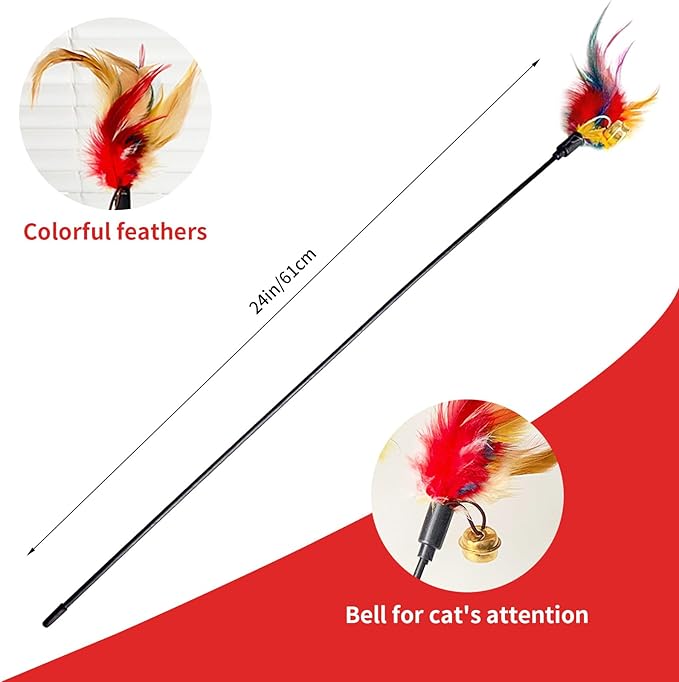 Cat Feather Toys, Cat Toy with Elastic Turkey Feathers, Interactive Teaser Wand with Bell, Durable Flexible Rod for Playful Kittens and Cats, Indoor Entertainment for Pets (2")