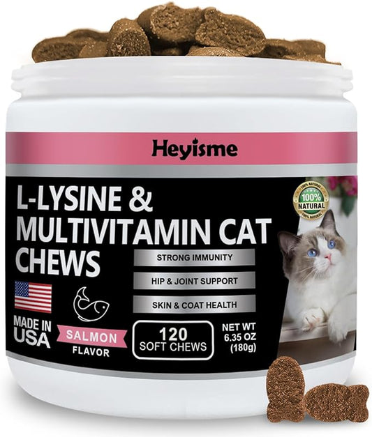 Lysine Supplement for Cats, Cat Treats for Sneezing and Runny Nose, Cat Cold, Cat Immune Support, Eye Function, and Respiratory Health, L-Lysine cat Vitamins for Cats (120 Pills, Salmon)