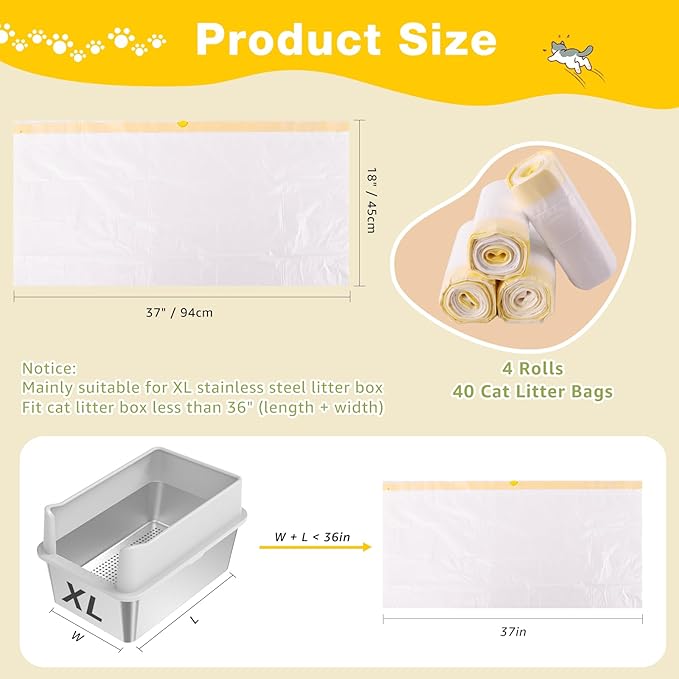 Litter Box Liners 40 Count, 37" x 18" Jumbo 3MIL Thicken Cat Litter Bags Tear Resistant Disposable Cat Litter Liners for XL Stainless Steel Litter Box and Other Suitable Size Litter Box