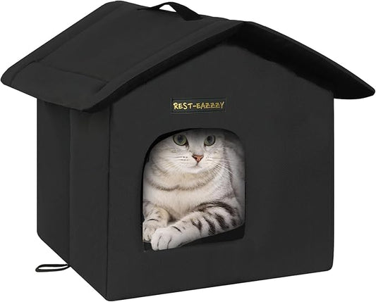 Rest-Eazzzy Cat House for Outdoor Cats, Weatherproof and Insulated Feral Cat House with Mat and Canopy, Easy to Put Together, Selfwarming Cat Shelter for Winter(13 * 13 * 14" Black with Support)