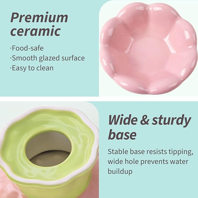 Ceramic Raised Cat Bowl Elevated, Tall & Tilted, Anti-Vomiting, Non-Slip, Cute Flower Cat Food Bowls for Dry Wet Food and Water, for Small Indoor Cats, Pink