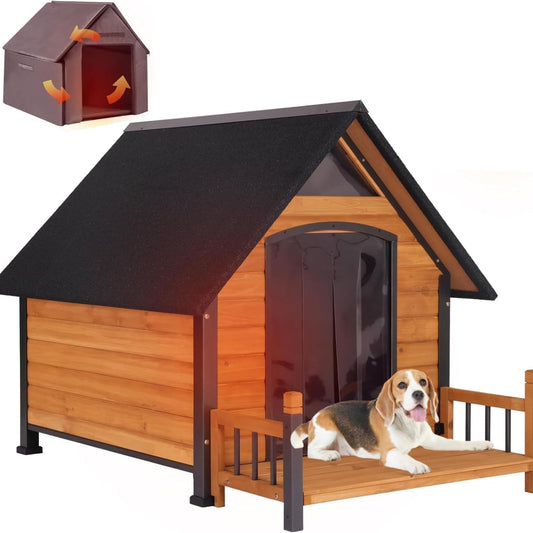 Dog House Outdoor Insulated, Sturdy & Warm Winter Puppy Shelter, 45" L Large Dog Kennel with Chew-Proof Iron Frame, Suitable for Small to Large Dogs(Brown)