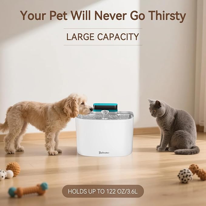 Cat Water Fountain, 122oz/3.6L Pumpless Cat Fountain, Cordless Water Fountains for Cats Indoor, Dog Pet Water Fountain Battery Operated with Stainless Steel Tray (White, Fountain+8 Fliters)