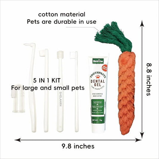 Dental Care for Pets - Dog Tooth Brushing Kit, Dog Toothpaste, Cat Toothbrush kit, Pet chew Toys, Dog Teeth Cleaning, 5 in 1 KIT for Large and Small Pets, Pets are Durable in Use !