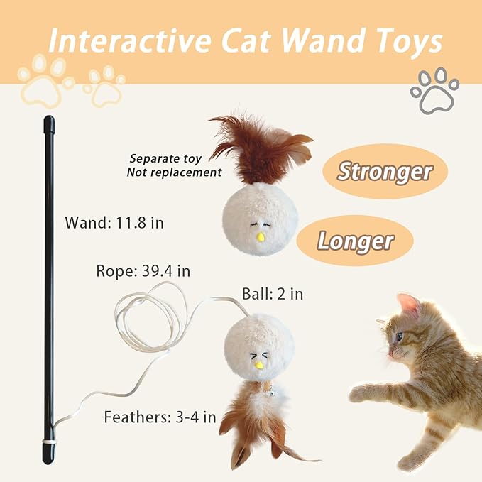Interactive Cat Wand Toy with Feather,4 Pcs Plush Ball Cat Teaser Sticks with Catnip & Bell Cats Toys for Indoor Play Chase Exercise with Kittens