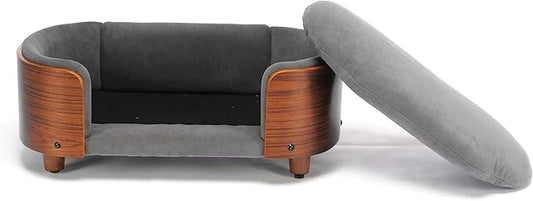 HomSof 26.38" Scandinavian Style Elevated Dog Cat Bed Pet Sofa with Solid Wood Legs and Bent Wood Back with Velvet Cushion,Small Size，Grey+Brown