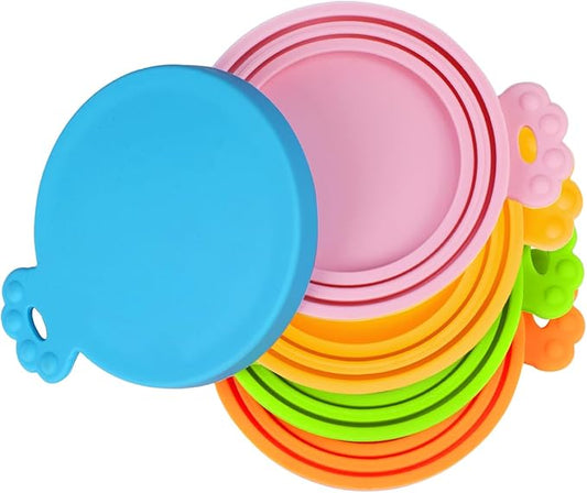 PetBonus 5 Pack Silicone Pet Can Cover Lids, Universal Size for Dog Cat Food, 1 fit 3 Standard Size Can Tops, BPA Free Dishwasher Safe (Blue, Green, Orange, Pink, Yellow)