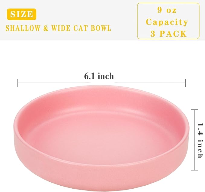 Ceramic Cat Bowls,Shallow Cat Dishes for Food and Water, 6 inch Matte Finish Wide Cat Food Bowl,Whisker Fatigue Free Pet Puppy Kitten Bowl Set of 3,Dishwasher Safe