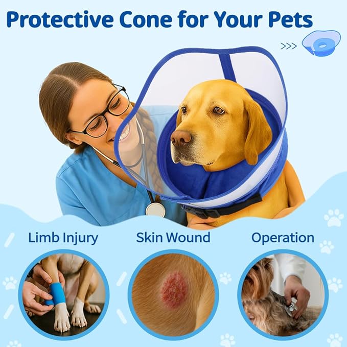 Soft Dog Cone Collar with Anti-Lick Shield, Inflatable Donut Cones Alternative after Surgery for Large/Medium/Small Dogs to Stop Licking, Elizabethan Neck Ecollars of Shame, Comfy Pillow Recovery Blue
