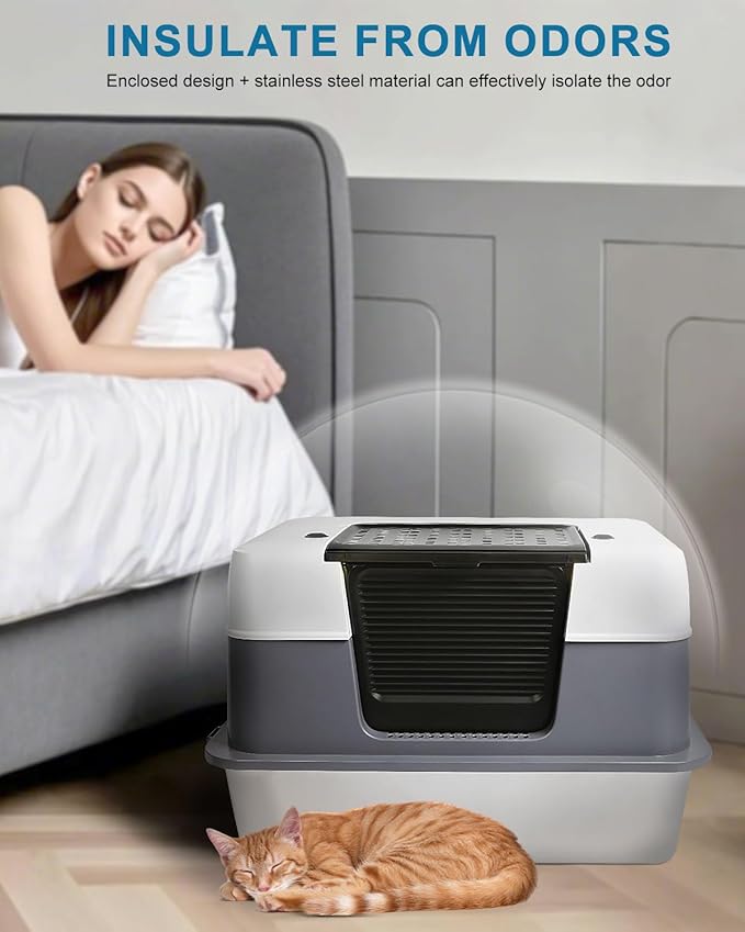 Stainless Steel Cat Litter Box Enclosed with Lid，Covered Metal Kitty Litter Box with Litter Mat and Odor Reduction Pack(2kg), Metal Scoop，Switchable Design, Easy Clean，Odor-Control, Leak-Proof