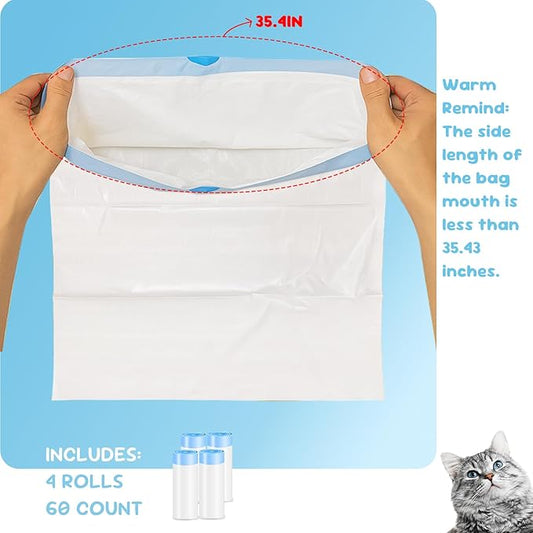 60 Count Cat Litter Box Liners for Self-Cleaning Cat Litter Box, Replacement Kitty Litter Liners, 4 Rolls Drawstring Waste Bags for Small Automatic Litter Boxs, 19.7 x 17.7 Inches（4 Packs/60 Counts）