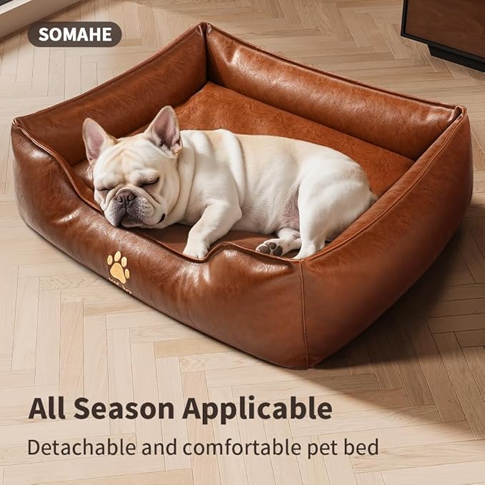 Premium Leather Cat Bed for Indoor Cats Premium Small Dog Bed Pet Nest with Anti-Slip Base Ultra Soft Texture for Comfortable Rest 24 × 18 × 9 inch Brown