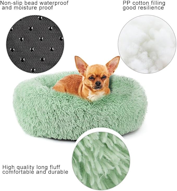 Cat Bed & Washable 20/24 inches - Anti Anxiety Round Fluffy Plush Faux Fur Dog Bed for Small Medium Dogs, Thick Bottom (Green, Medium)